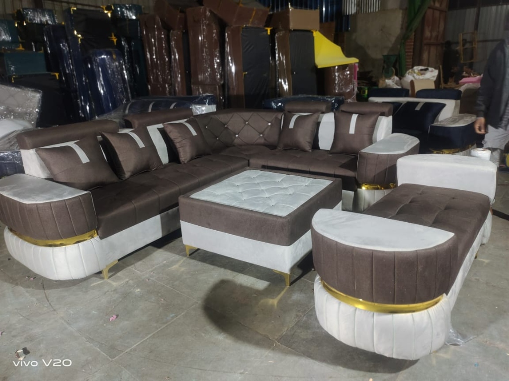 Brown & White L-Shape Sofa Set