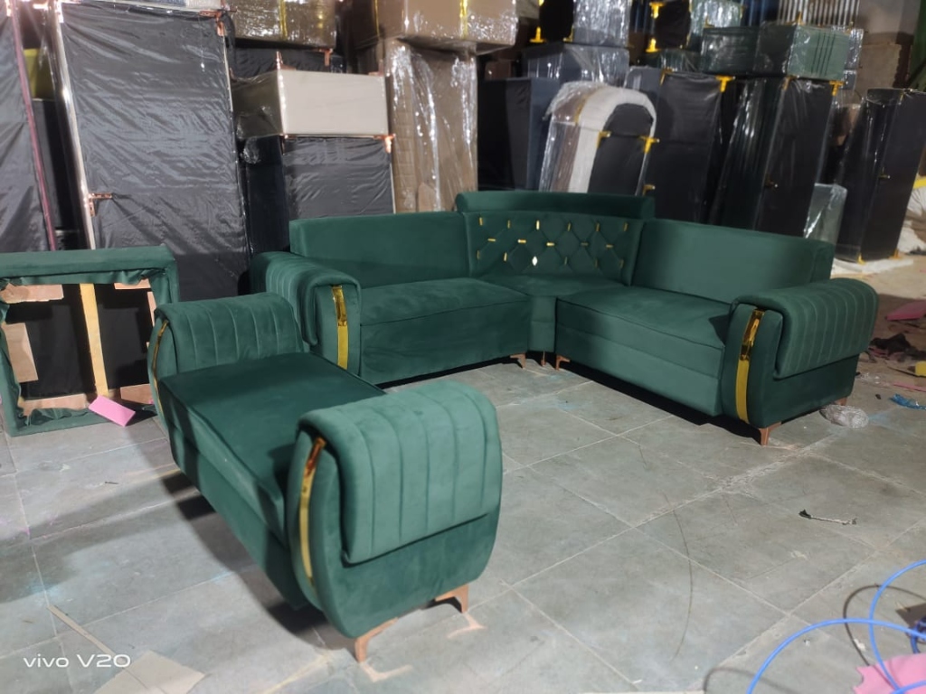 Emerald Green L-Shape Sofa with Gold Trim