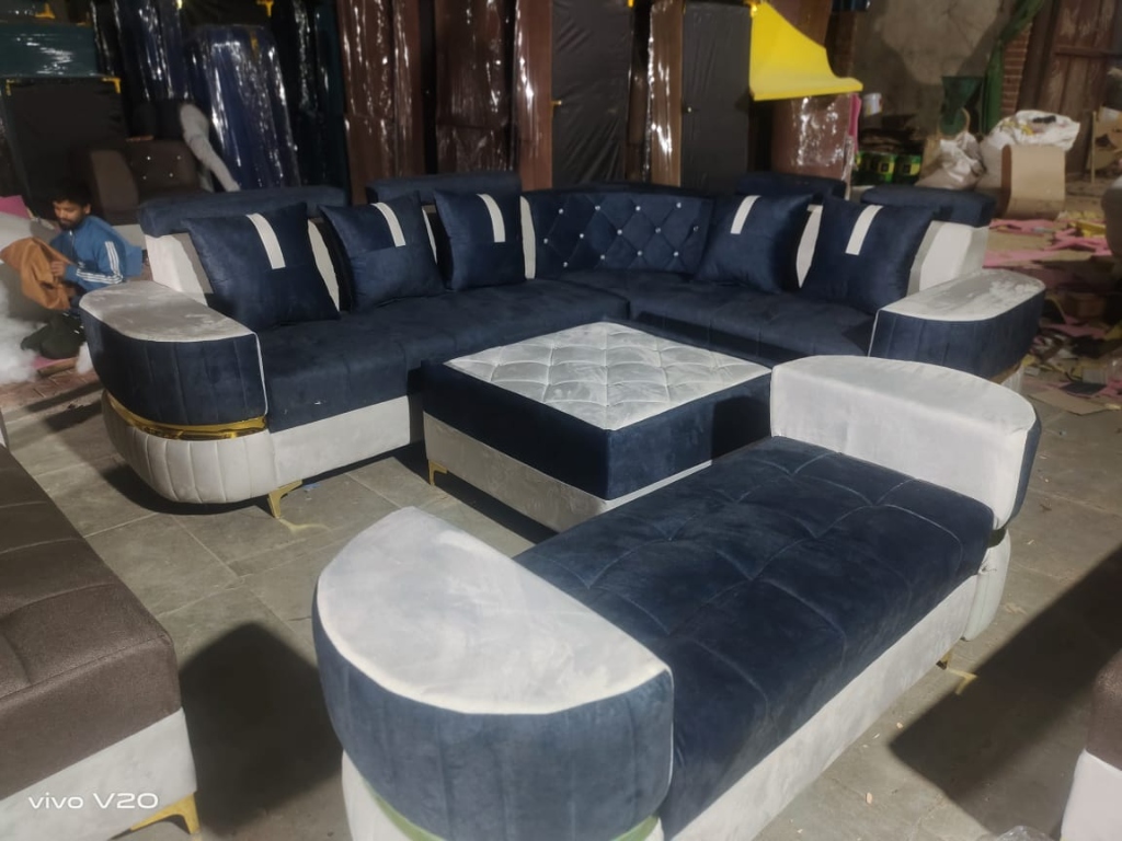 Navy Blue & Silver L-Shape Sofa Set