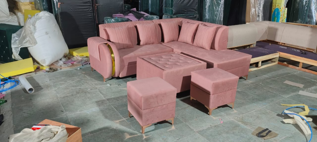 Pink Velvet L-Shape Sofa Set