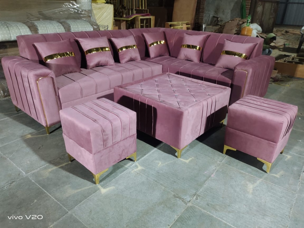 Purple Velvet L-Shape Sofa with Gold Accents
